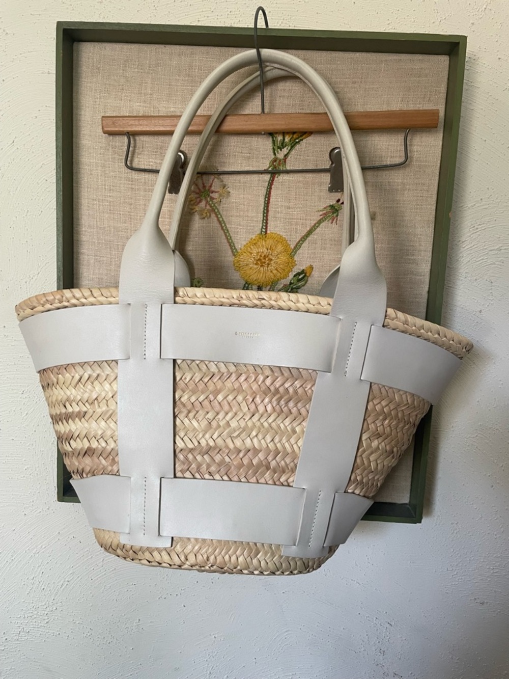 DeMellier Woven Straw Tote with Cream Leather Trim